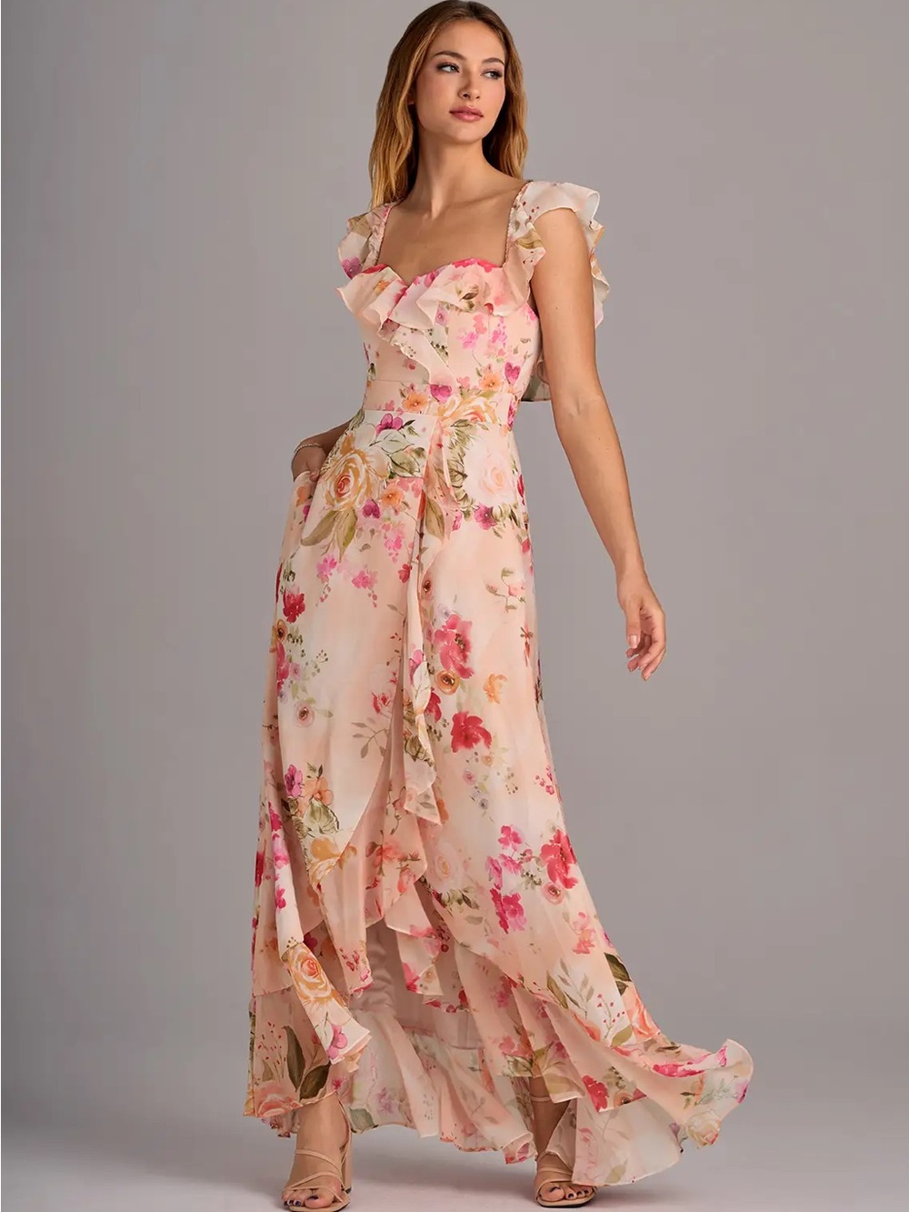 Azazie Lyra Ruffle Hem Maxi Dress in “Abstract Floral”